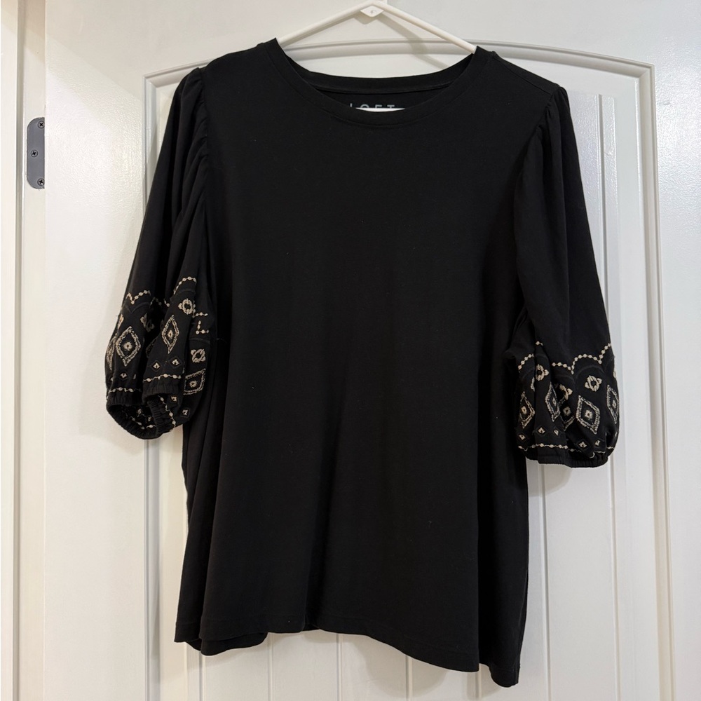 LOFT Black Blouse with Embroidered Sleeves